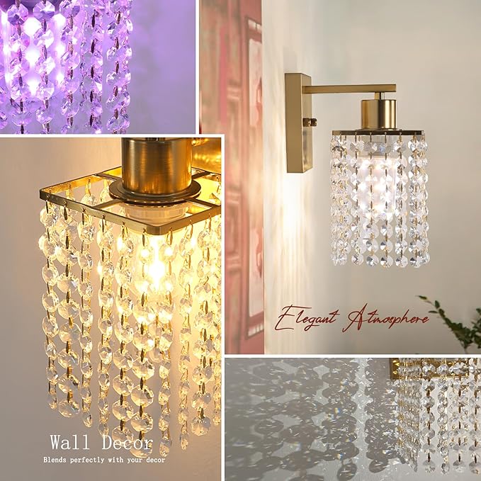 Shenmoyl Set of 2 Crystal Battery Operated Wall Sconce,Rechargeable Wall Lamp with 5200mAh Battery & Remote Control, Modern Dimmable Wireless Wall Lights for Bedroom Bathroom (Clear, Gold Base)