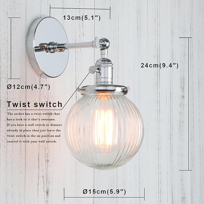 PERMO Sconce with Switch Industrial Gold Wall Sconce Lighting with Ribbed Globe Lampshade (Chrome, 1 Light-Hardwired)