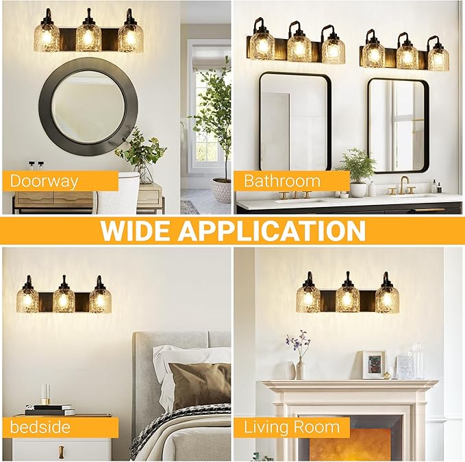 WJShome 3-Light Black Bathroom Vanity Light, Modern Vanity Lighting Fixture for Bathroom, Coastal Vanity Lights with Crystal Glass Shade, for Mirror Bedroom Hallway