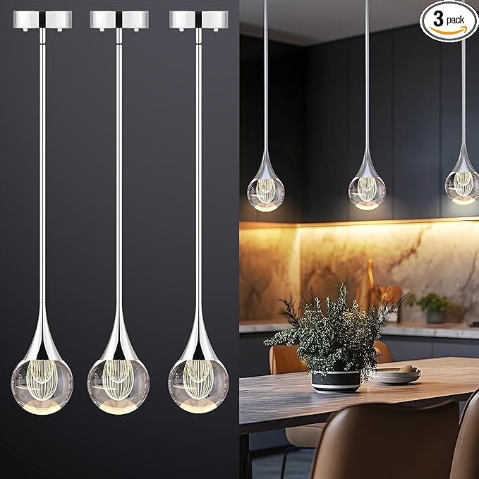 3-Pendant Lights Kitchen Island, Silver Crystal Globe Ceiling Hanging Light Fxitures, LED Light Fixtures Metal Rod Ceiling Glass Pendant Lighting for Kitchen Island Dining Room Bar