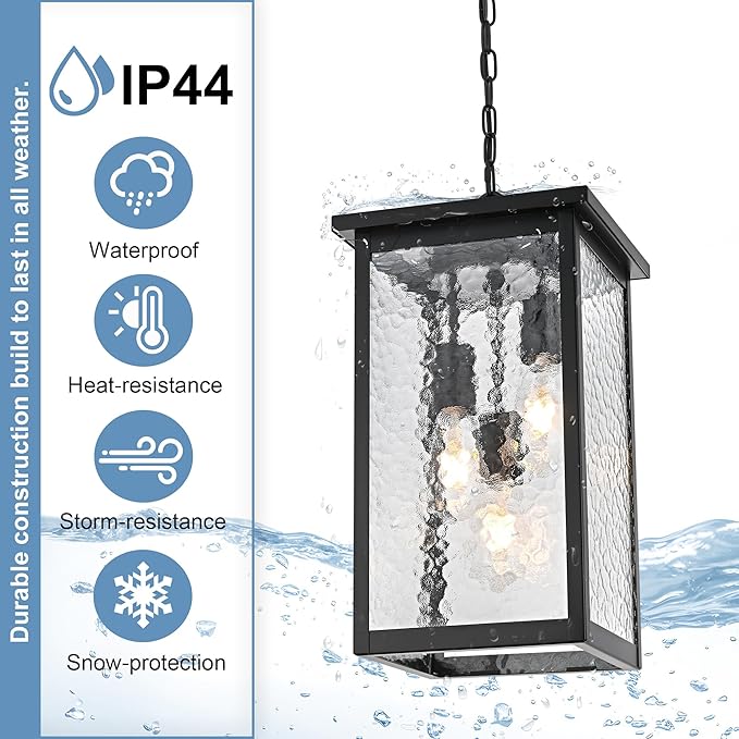 TODOLUZ Large 3-Light Outdoor Pendant Light Fixture, Exterior Hanging Porch Lighting with Hammered Glass, Adjustable Long Chain & E26 Bulb Base