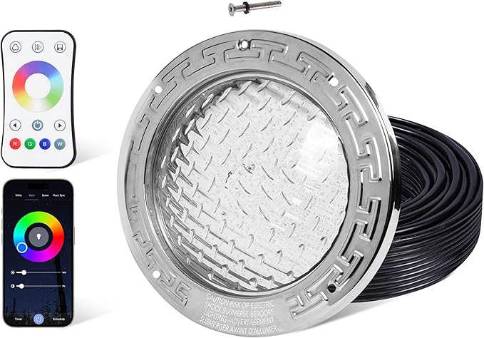 PN01DC LED Inground Pool Lighting System RGBW Color Change 10 Inch 50W, Remote/App Control, 120V AC, 100 Feet Cord