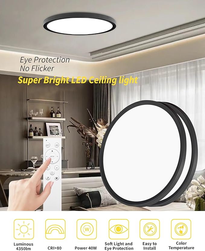 2Pack 20 Inch Remote Control Dimmable Large LED Flush Mount Ceiling Light Panel,40W 4350LM,2700K-6000K Adjustable Color,Ultra Thin Round Ceiling Light Fixture for Hallway Kitchen Home Office(Black)