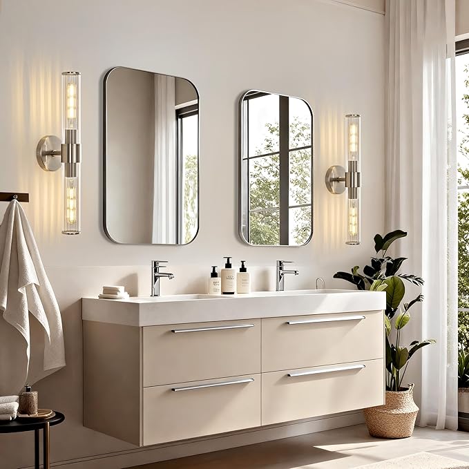 Bathroom Vanity Light Fixtures, Nickel Wall Sconces in Threaded Glass, Modern Wall Light for Bathroom Living Room Bedroom, Hallway