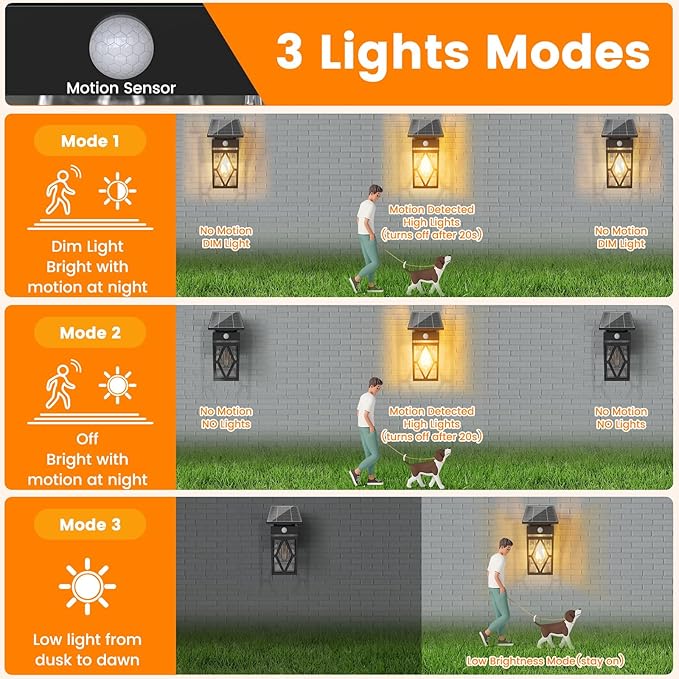 2 Pack Solar Porch Lights Outdoor, Dusk to Dawn & Motion Sensor Solar Wall Light with Lantern Shape, 3 Modes IP65 Waterproof, E26 Bulb Exterior Sconce for Front Porch, Garage, Patio Security