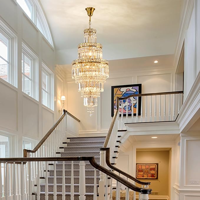 YYJLX Modern Crystal Chandelier 8 Light Long Chandelier for High Ceiling Luxury Gold Hanging Pendant Light for Dining Room Living Room Staircase Foyer Entryway