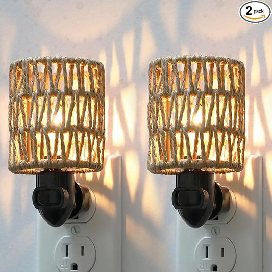 Boho Plug in Night Light with Switch, 2-Pack Farmhouse LED Night Lights Plug into Wall Socket, 0.5W Baby Nursery Nightlight with Bohemian Rattan Lamp Shade for Adult Kids Room Bathroom Hallway