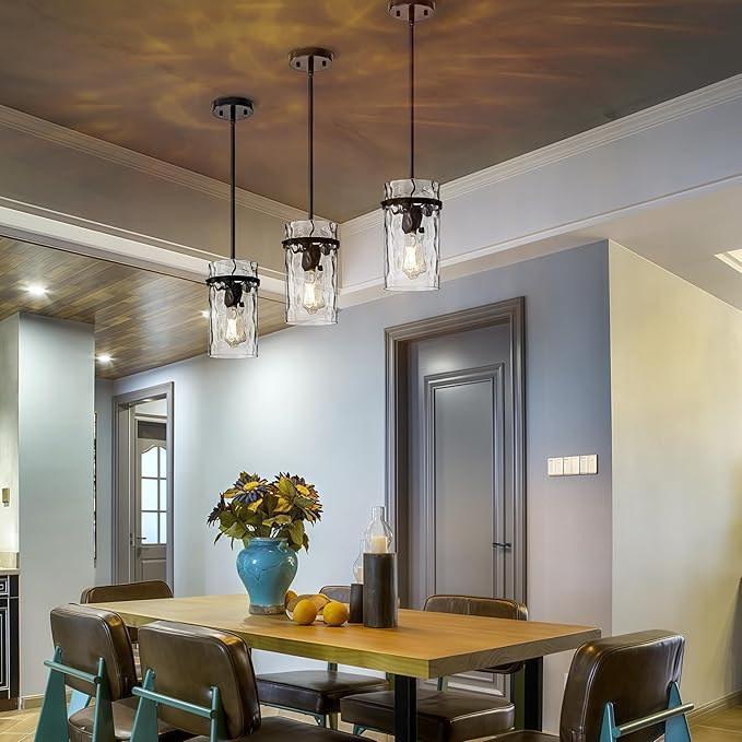 2 Pack 5.5" Black Hammered Hand-Blown Glass Pendant Light Farmhouse Black Pendant Light, Hammered Glass Pendant Light Fixtures Dining Room Light Adjustable Pendant Lighting Over Sink