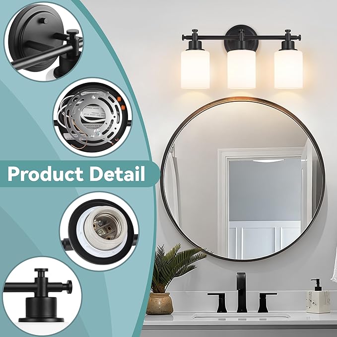 3-Light Black Bathroom Light Fixtures, Modern Vanity Lights Over Mirror, Bathroom Wall Sconces with White Glass Shade, E26 Socket, 15.75" Compact Vanity Light Fixtures