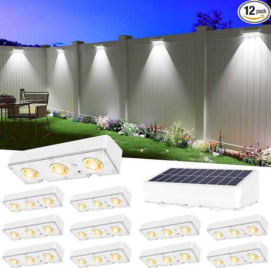 JOFIOS Solar Fence Lights Outdoor Waterproof Led, 12Pack,1300mAh,6 Inch Solar Lights for Fence with Warm White & RGB 8 Colors,Outdoor Solar Lights for Patio, Backyard, Deck, Railing (White)
