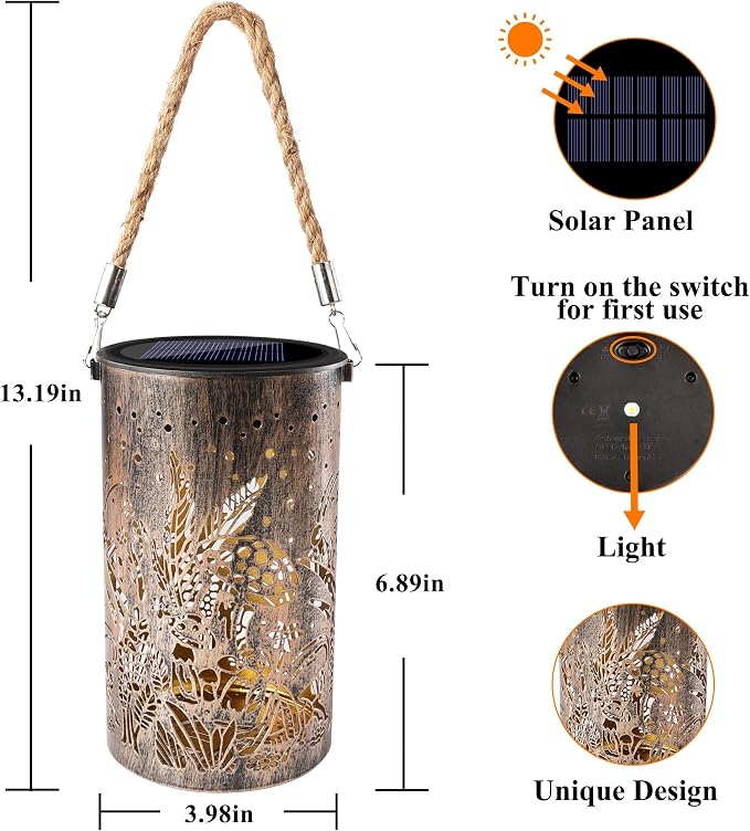 Toodour Solar Lantern Outdoor, Garden Gifts for Women Mom Grandma Hanging Solar Outdoor Lights Waterproof, Hollow Out Retro Metal Mushroom & Cricket Lights for Patio, Balcony, Walkway, Yard Decor