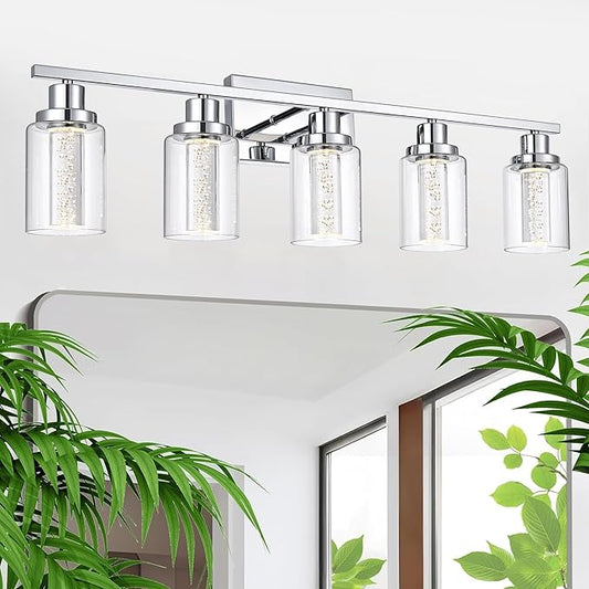 MELUCEE 5 Color Dimmable Bathroom Vanity Light Fixtures 5-Light Bath Wall Lights Modern LED Vanity Lights for Bathroom Chrome with Crystal Bubble Clear Glass Shade, Built-in LED Chips