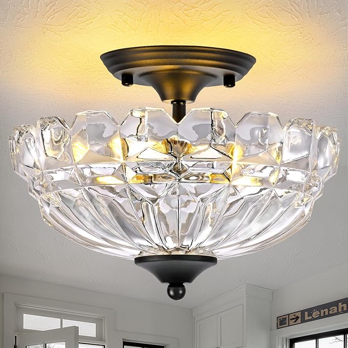 Semi Flush Mount Ceiling Light, 3-Light Kitchen Ceiling Lighting Fixtures with Clear Glass Lampshade, Black Modern Chandelier for Living Room Bedroom Hallway