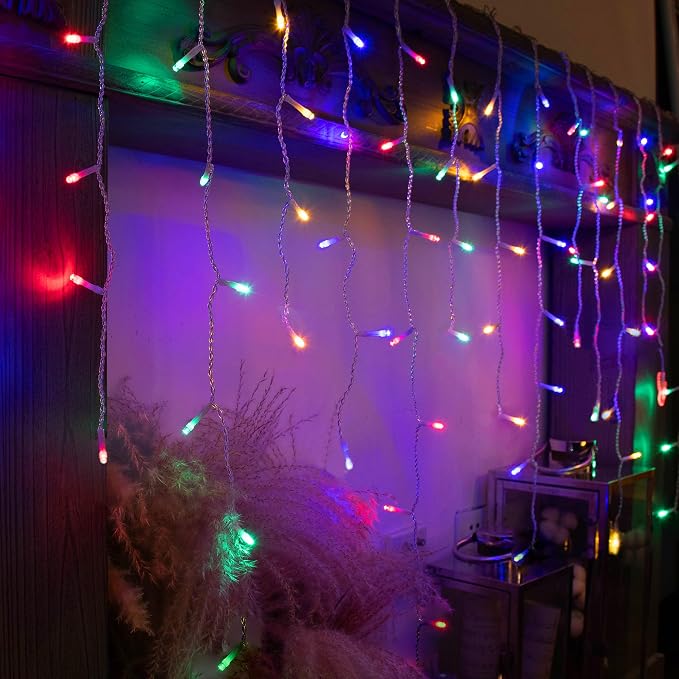 YOLIGHT Icicle Christmas Lights 13ft 96 LED Icicle String Lights 8 Modes Twinkle Curtain Fairy Lightings Indoor Room Patio Garden Bedroom Wedding Halloween Party Decoration (Multi-Color)