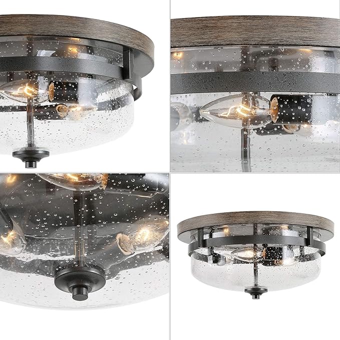 LOG BARN Flush Mount Ceiling Light, Farmhouse Light Fixtures Ceiling with Faux Wood Finish and Seeded Glass Cover, W13.5 x H6.5