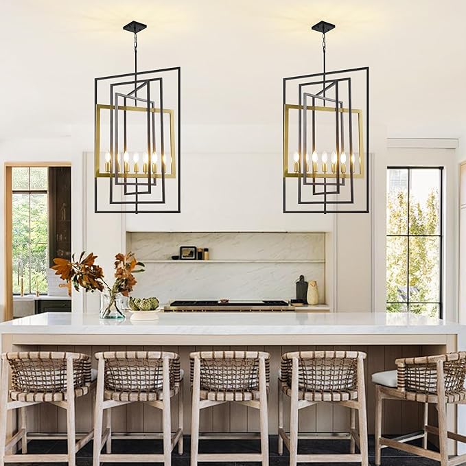 WJShome 7-Light Modern Chandelier, Industrial Large Chandeliers for High Ceilings, Farmhouse Foyer Lighting Fixtures, Black and Gold Geometric Pendant Light, for Living Room, Staircase, Entryway