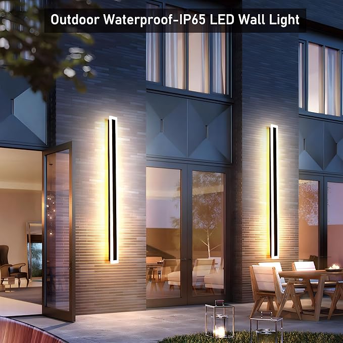 2Pack 23.6inch Long Outdoor Modern LED Wall Light,18W Waterproof IP65 Warm White 110V led Wall Mount Lighting Fixture Rectangular Black Wall Lights Elegant Frosted White Acrylic Anti Rust