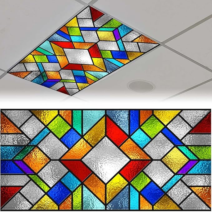 2 Pack Stained Glass Fluorescent Light Cover for Ceiling Light, Magnetic Ceiling Light Cover Classroom Lights Covers Classroom Supplies for School Classroom Home Office