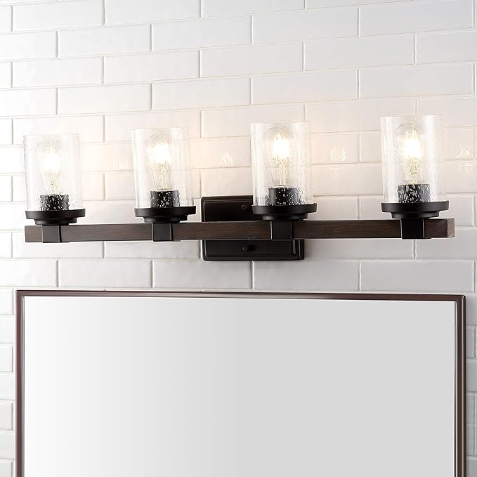 JONATHAN Y 32" Oil Rubbed Bronze LED Vanity Light, Rustic Farmhouse Sconce, Clear Seeded Glass Shade, Industrial Wall Lamp for Bathroom Mirror, Kitchen Sink, LED Bulb (JYL7510A)