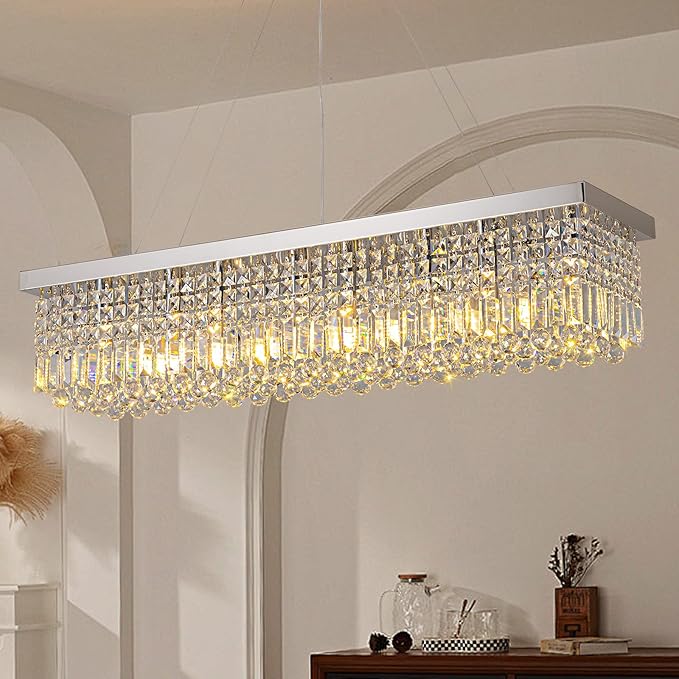 Modern Rectangular Crystal Chandeliers,8 Lights Rectangular Pendant Light Fixture,Adjustable Height K9 Crystal Chandelier for Dining Room L40''xW10''xH10''