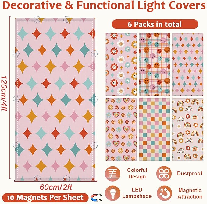 QOUBAI 6 Pcs Fluorescent Light Covers, 4x2 Feet Magnetic Light Cover Fluorescent Lights Shade Panel Positive Inspirational Ceiling Lights Filters for Office Classroom Home Drop Ceiling Boho
