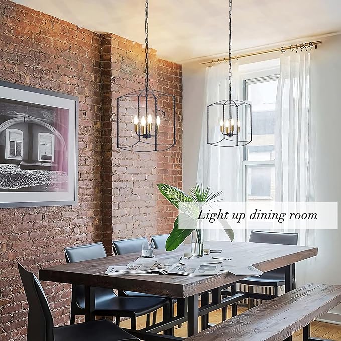 Industrial Black Chandelier 4-Light Lantern Pendant Lighting Fixture for Over Table Dining Room Kitchen Island Foyer Hallway,E12 Max 60W,12.60in