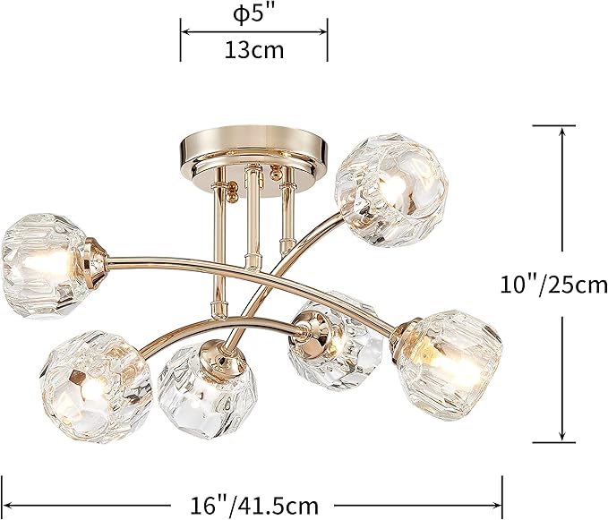 AGV LIGHTING Modern Spuntnik Crystal Ceiling Light Fixture, Semi Flush Mount Ceiling Light, G9 Base 6-Lights, D16 x H10, Clear Crystal & Shining Gold Finish Metal Frame