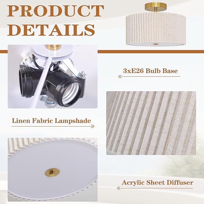 Bagood 3-Light Semi Flush Mount Lights Fixture Drum Ceiling Light with Pleated Fabric Shade Gold Semi Flush Mount Ceiling Lights 16 Inch Close to Light Fixtures for Living Room Hallway