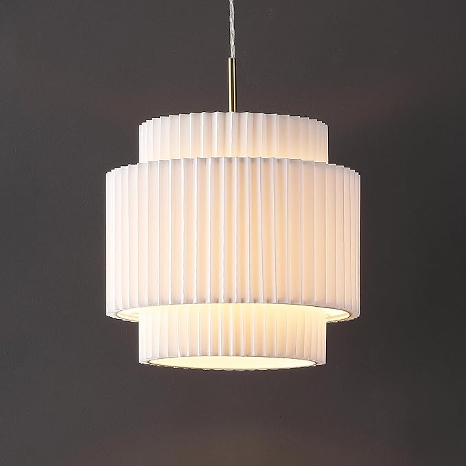 JONATHAN Y 14.5" Brass Gold and White 1-Light Iron Pendant Light, Vintage Mid-Century Modern with Pleated Linen Shade, Adjustable Height for Kitchen, LED Bulb Included JYL2408A
