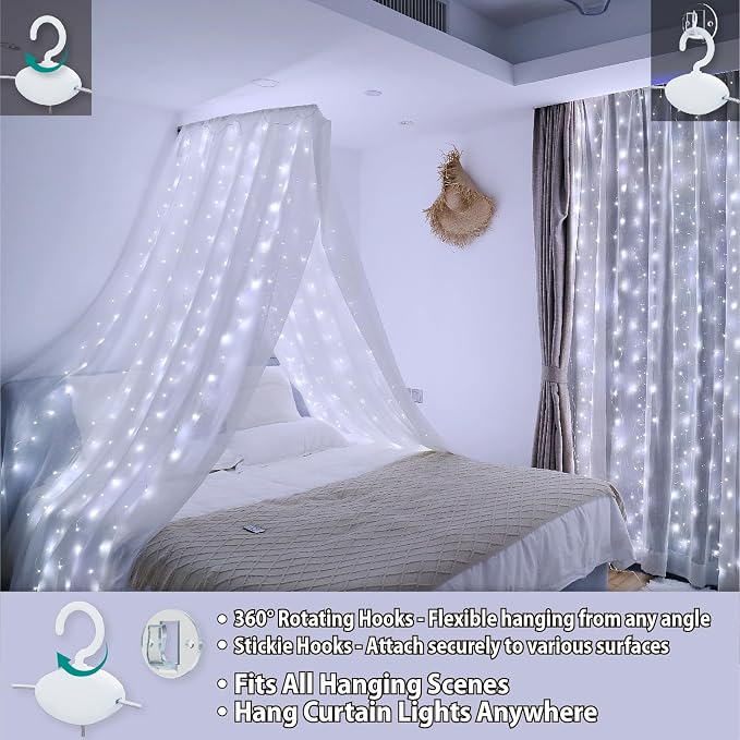 HXWEIYE 300LED Fairy Curtain Lights, 9.8x9.8Ft USB Plug-in 8 Modes Christmas String Hanging Lights with Remote for Bedroom Backdrop Wedding Indoor Wall Decor, White, Standard – 1 Pack
