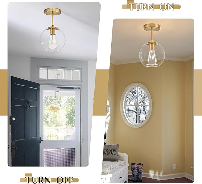 Gold Semi Flush Mount Ceiling Light Fixture with Clear Glass Light Fixture Mid Century Light Fixtures Gold Semi Flush Ceiling Light Fixtures for Dining Room Kitchen Island (Bulb Incl)