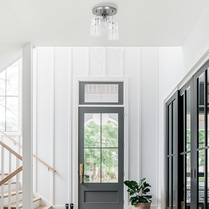 Maxax 3-Lights Nickel Semi Flush Mount Ceiling Light Fixture, 11.5" Modern Farmhouse Light Fixture with Clear Frosted Glass, E26 Base, for Kitchen, Foyer, Hallway, Entryway, Bedroom, Stairs