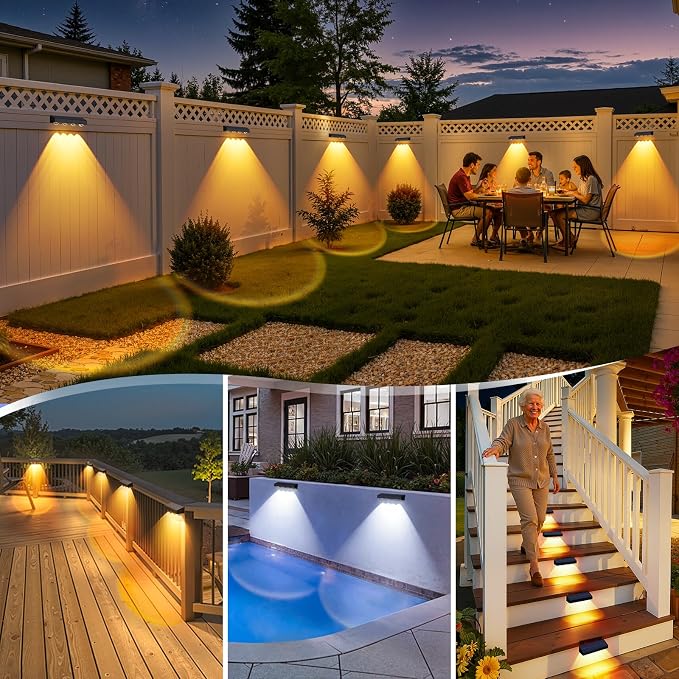 ShineTech Solar Fence Lights Outdoor Waterproof, 3-Color Lighting Modes LED Solar Powered Deck Lights, Outdoor Step Lights for Railing, Patio, Wall, Backyard (12 Packs)