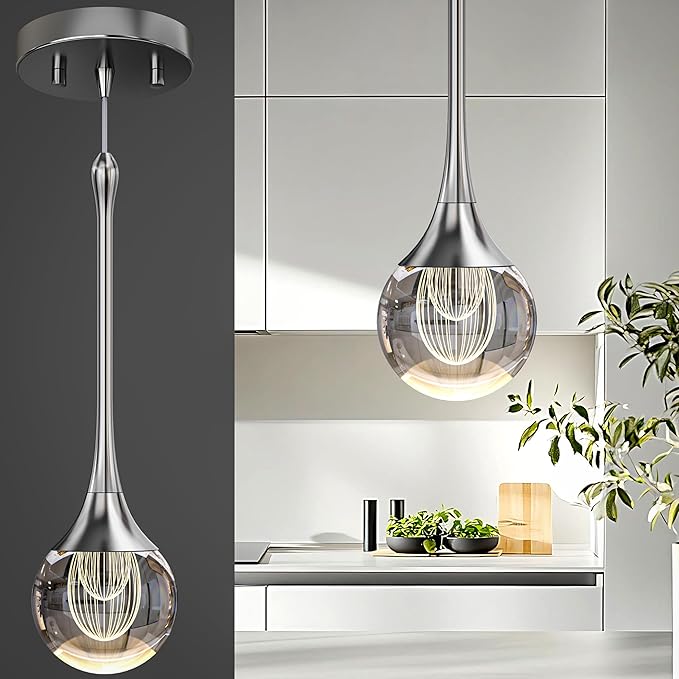 1-Pendant Lights Kitchen Island,Crystal Sliver Globe LED Chandelier, Modern Dimmable Adjustable Height Hanging Light Fixture,Sloped Ceiling,Bedroom,Dining Room
