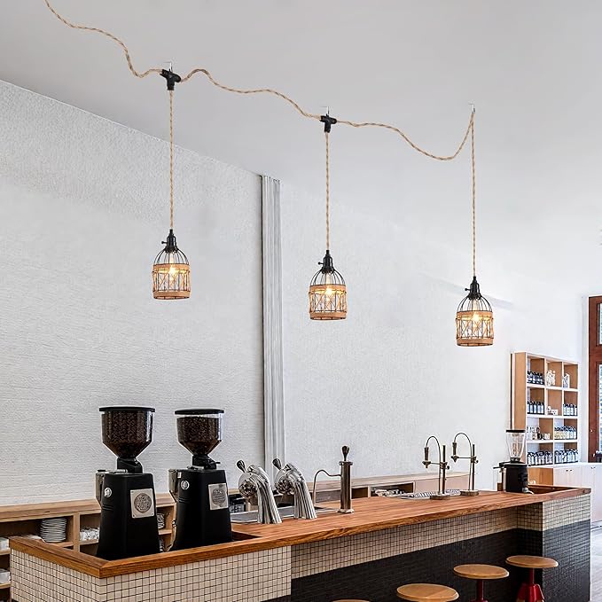 3 Light Hemp Rope Plug in Pendant Light Rattan Hanging Lights with Plug in Cord with Woven Lamp Shade, Plug in Cord Hemp Rope Hanging Lamp
