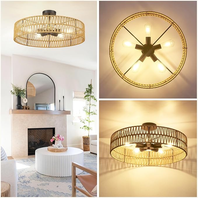 Hamilyeah 24 inch Rattan Boho Flush Mount Ceiling Light Fixture with 5 Light,Woven Light Fixtures Ceiling Mount for Living Room, Bedroom, Kitchen