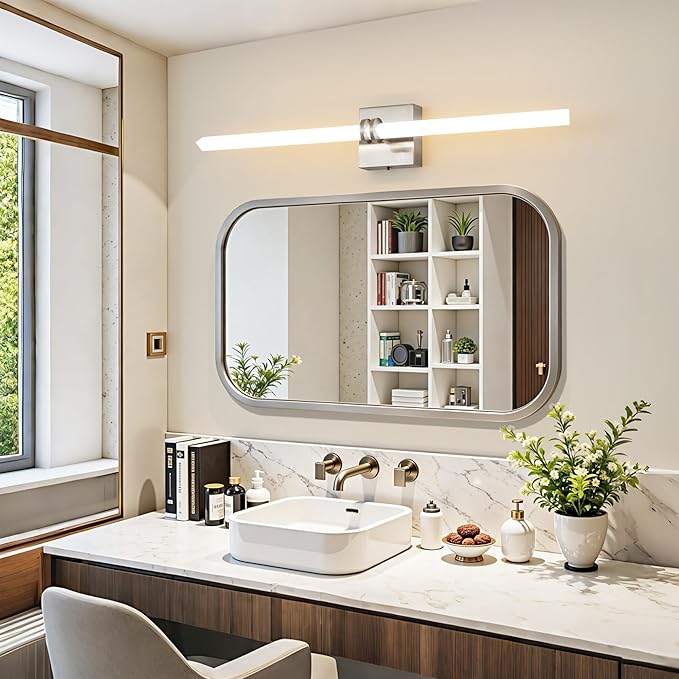 Bathroom Light Fixtures, Brushed Nickel 28W LED 360° Full Lighting Modern Wall Sconce Vanity Light with 5-Color Dimmable 3000K-6000K, 29.92inch Vanity Lighting for Bath, Bedroom, Hallway