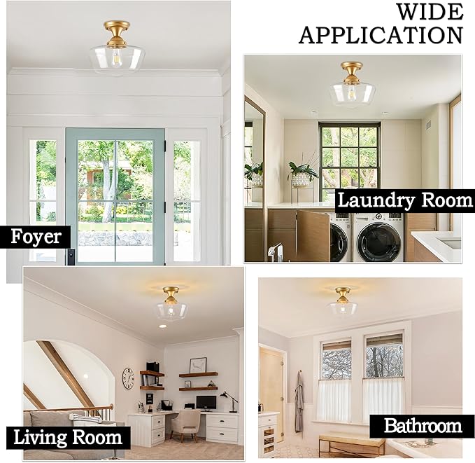 Brass Schoolhouse Light Fixture 12" Mid Century Light Fixture Schoolhouse Light Fixtures Ceiling Clear Glass Semi Flush Mount Ceiling Lights for Bedroom Bathroom Kitchen(Bulb Incl.)