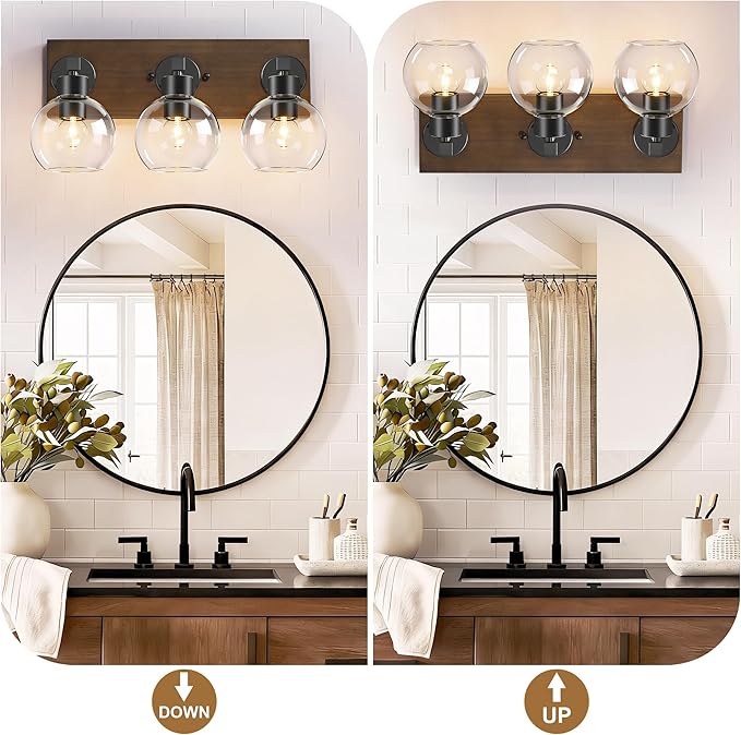 Farmhouse Bathroom Vanity Light Fixtures, Bathroom Light Fixtures Over Mirror,3-Light Rustic Black Wood Wall Sconces, Vintage Vanity Light for Bathroom with Clear Glass Shade (Black, 3-Light)
