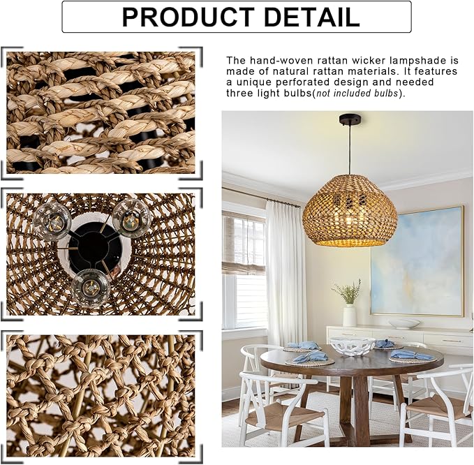 19in Large Rattan Chandelier 3-Lights Boho Hand Woven Wicker Dining Room Lighting Fixtures Farmhouse Round Rattan Pendant Light for Living Room Bedroom Kitchen Island Restaurant Bar