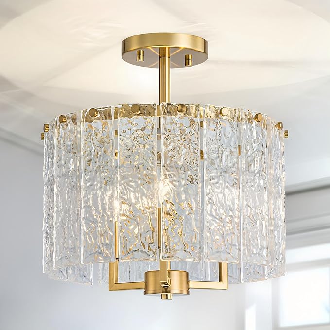 3-Light Modern Ceiling Light for Living Room, Bedroom, Foyer, Kitchen, Close to Ceiling Semi-Flushmount Light Fixture, D12.6 x H14.6, Handmade Glass Shade & Gold Finish Frame