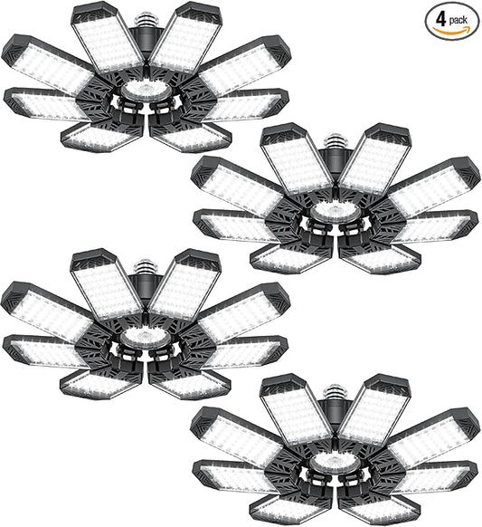 ISKYDRAW LED Garage Lights, 4 Pack Garage Lighting 260W 26000LM Bright Shop Ceiling Lights Screw Into E26 E27 Bulb Socket, Deformable 8+1 Panels 6500K Basement Bay Lighting for Workshop Barn Porch