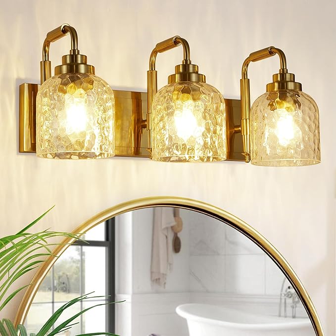 WJShome Modern Crystal Bathroom Vanity Light, 3-Light Gold Bathroom Light Fixtures, Vanity Lighting Fixtures Over Mirror with Clear Shades