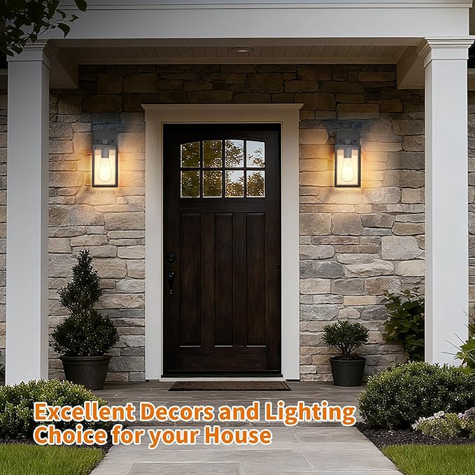Outdoor Light Fixtures Wall Mount, Waterproof Front Porch Lights, Modern Exterior Lighting Fixtures with E26 Socket, Black Wall Sconces Lantern Lamp, Outside Lights for House, Garage, Patio (2 Pack）