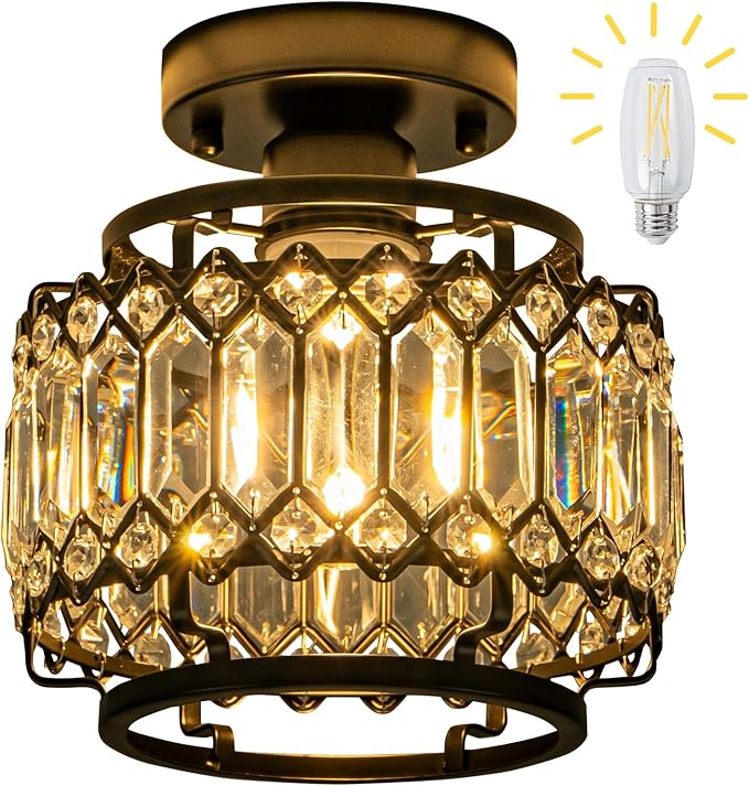 9" Modern Black Crystal Flush Mount Light - 50% Brighter LED, Dimmable Chandelier - Reinforced Iron Frame & K9 Crystals - Easy Install for Bedroom, Kitchen, Hallway