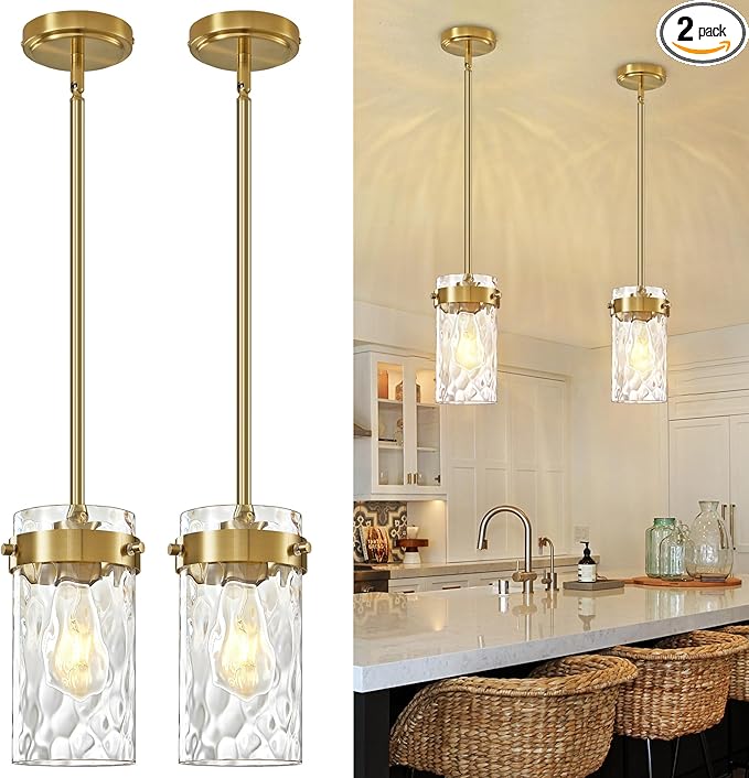 Hammered Glass Pendant Lighting for Kitchen Island 2 Pack, Modern Brushed Gold Pendant Light Fixtures 4.72", Adjustable Ceiling Pendant Light for Kitchen Island Dining Room Hallway