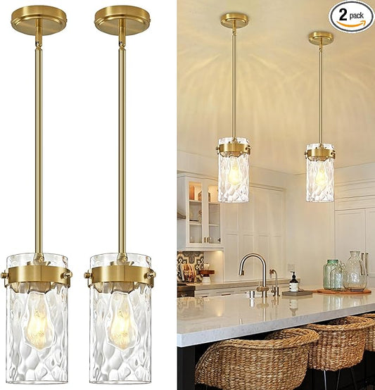 Hammered Glass Pendant Lighting for Kitchen Island 2 Pack, Modern Brushed Gold Pendant Light Fixtures 4.72", Adjustable Ceiling Pendant Light for Kitchen Island Dining Room Hallway