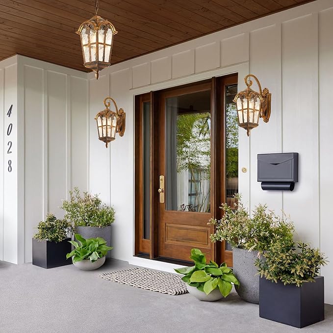 Dusk to Dawn Outdoor Pendant Lights for Porch Patio Garden Yard, Anti-Rust Aluminium Exterior Hanging Light Fixtures, Height Adjustable Gold Outside Hanging Ceiling Hallway Pendant Lamp, 2 Pack