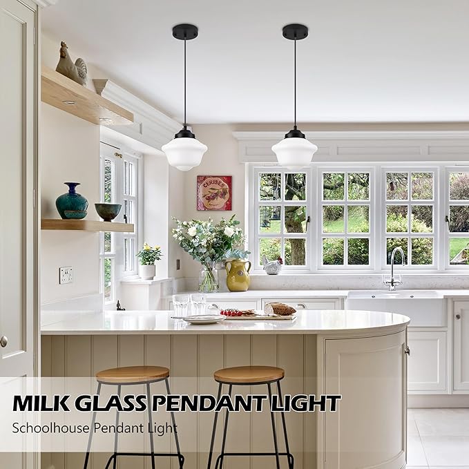 Black Schoolhouse Light Fixture 8" Milk Glass Pendant Light Schoolhouse Pendant Light Milk Glass Light Fixture Mid Century Pendant Light for Bedroom Bathroom Kitchen Hallway (Bulb Incl.)