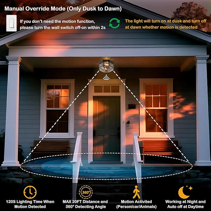 Outdoor Ceiling Light with Motion Sensor, 2-Light Copper Flush Mount Porch Light, Octagonal Outdoor Flush Mount Ceiling Light, Black Exterior Lighting Fixtures for Porch Patio Entryway